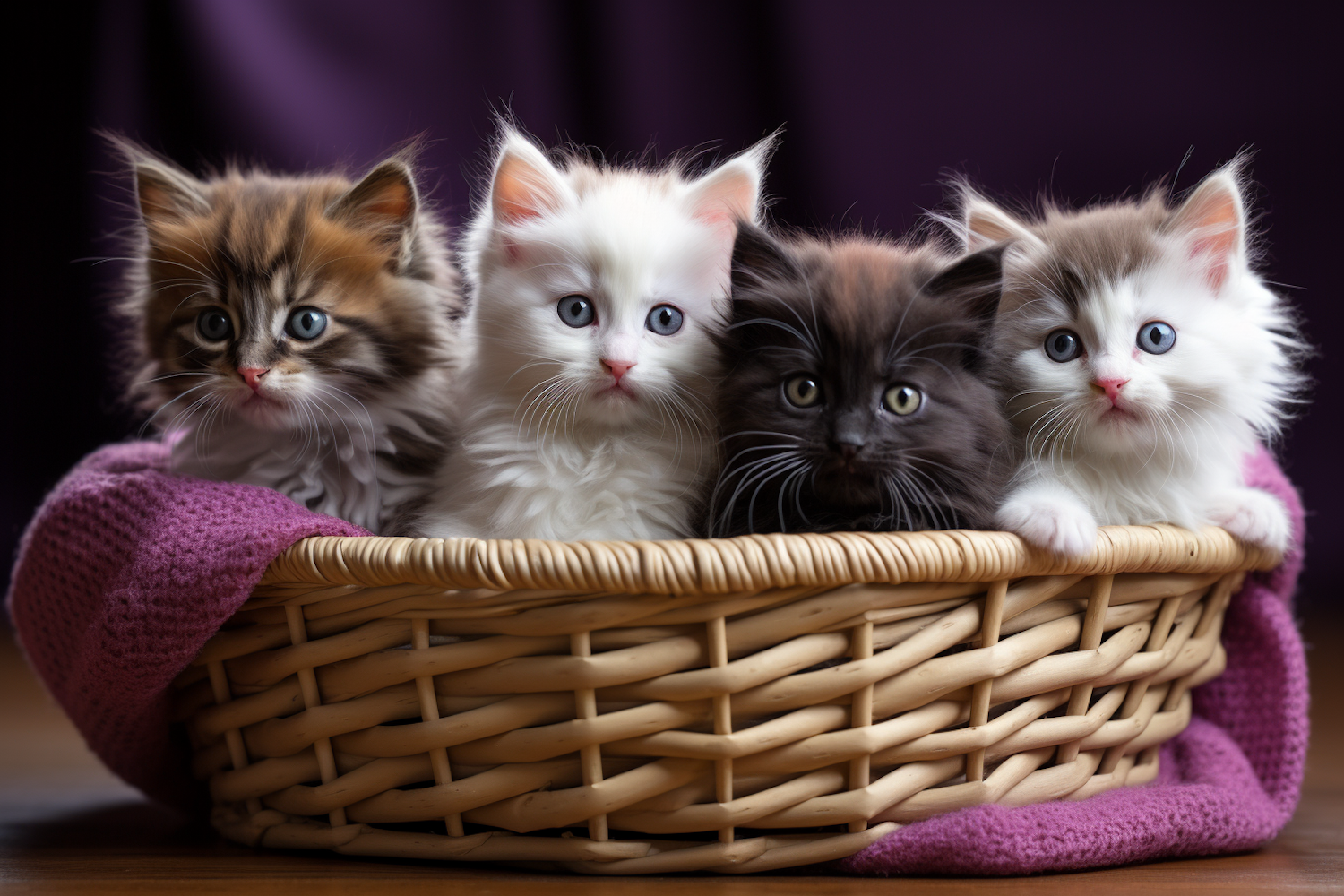 Quartet of Curious Blue-Eyed Fluffballs in Wicker