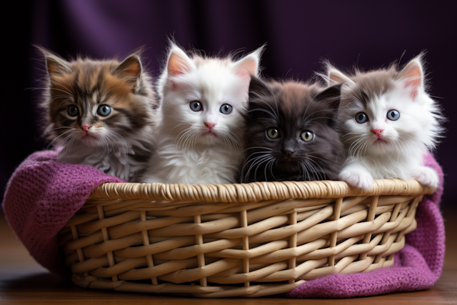 Quartet of Curious Blue-Eyed Fluffballs in Wicker