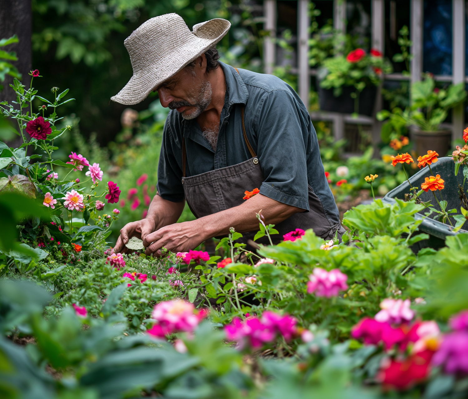 Man Gardening in Vibrant Flower Garden