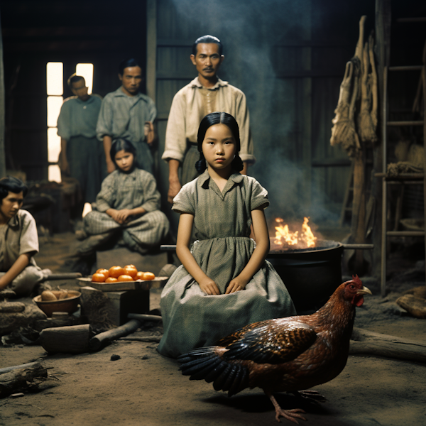 Rustic Serenity with a Young Girl and a Rooster