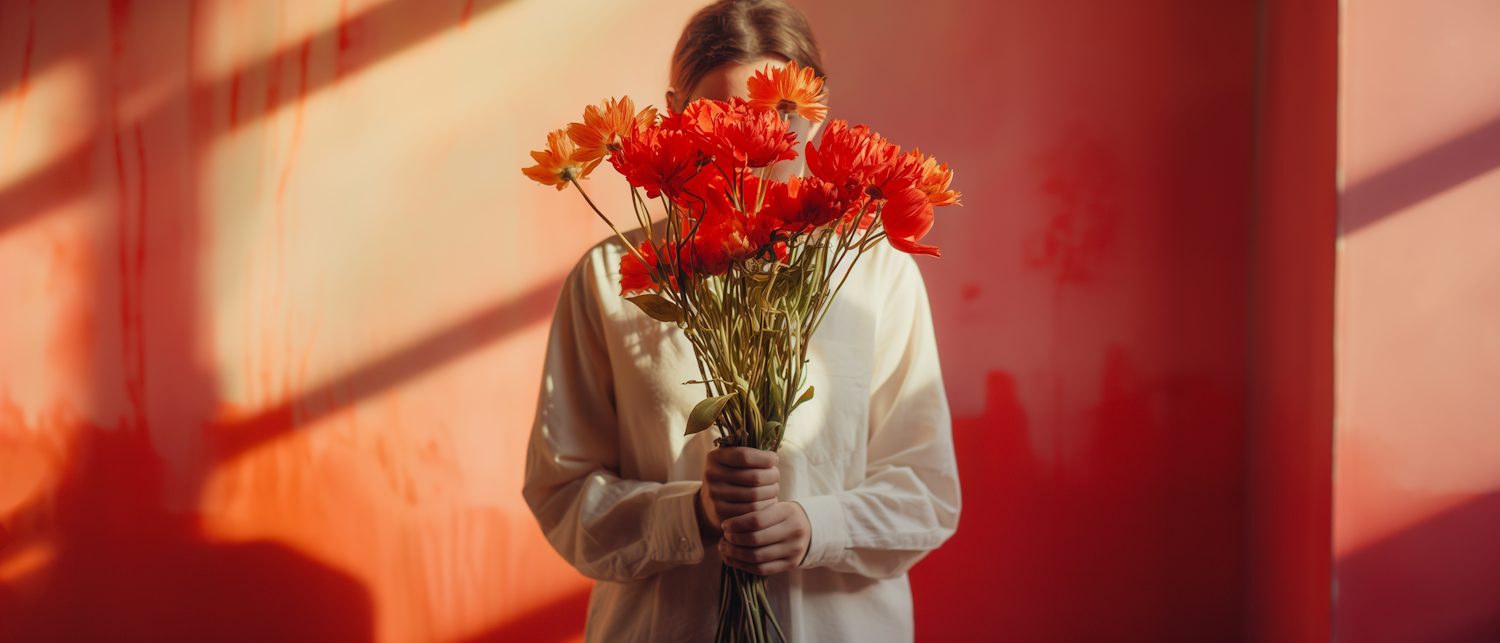 Mysterious Figure with Red-Orange Flowers