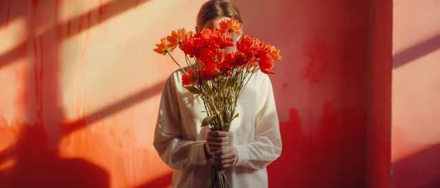 Mysterious Figure with Red-Orange Flowers