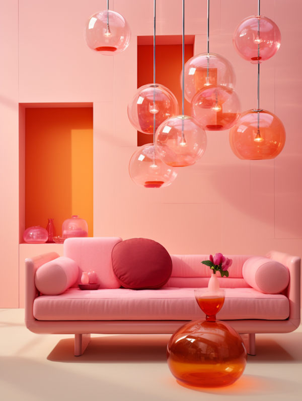 Modern Pink and Amber Interior with Spherical Pendant Lights