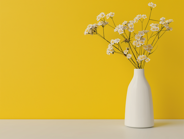 Minimalist White Vase with Flowers on Yellow Background