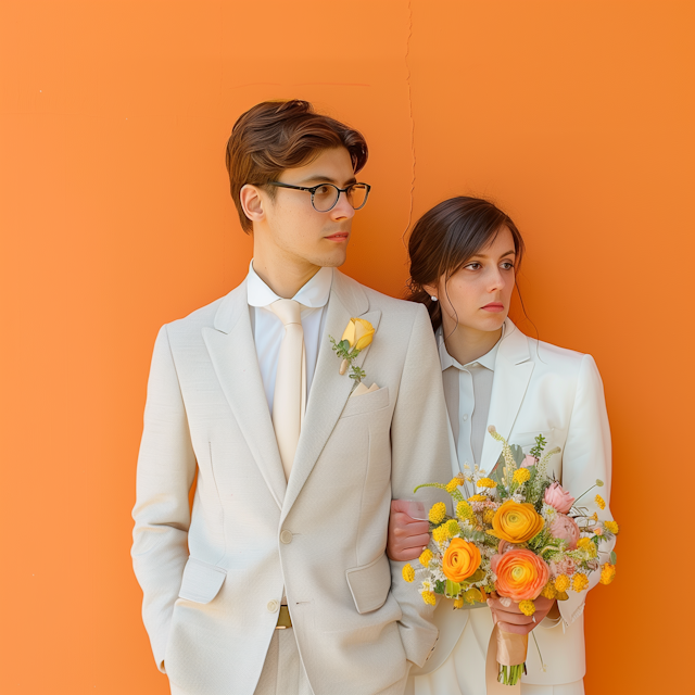 Two Individuals in Light Suits Against Vibrant Orange Background