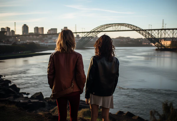 Contemplative Duo Overlooking the Bridge at Twilight