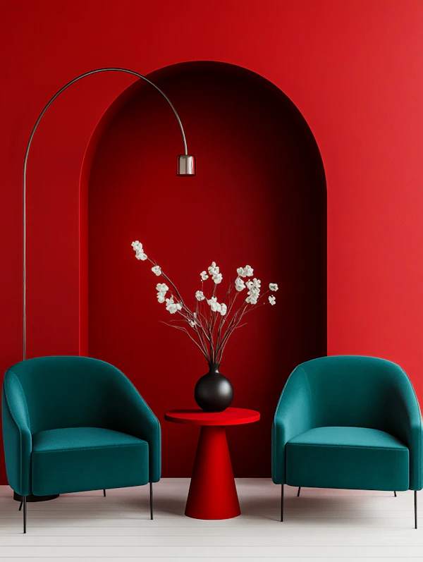 Modern Interior Design with Red and Teal Contrast