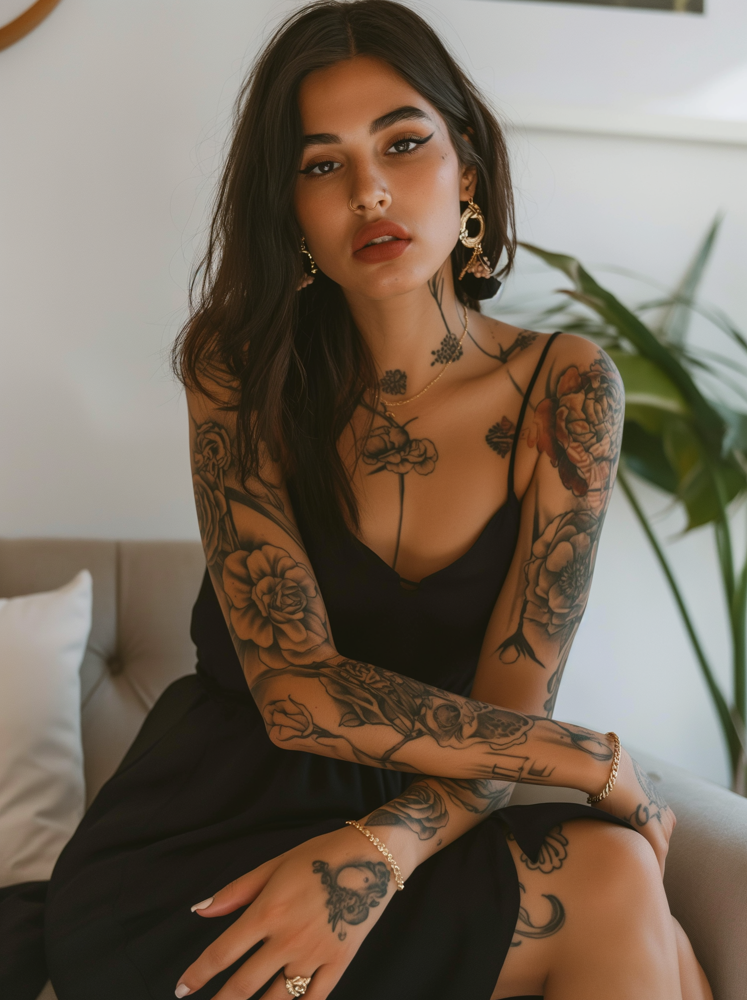 Serene Tattooed Woman on Couch