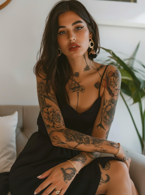 Serene Tattooed Woman on Couch