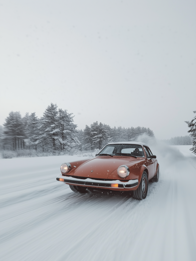 Red Sports Car in Snowy Landscape