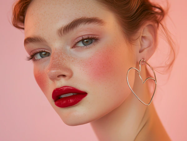 Portrait with Red Lipstick and Heart Earring