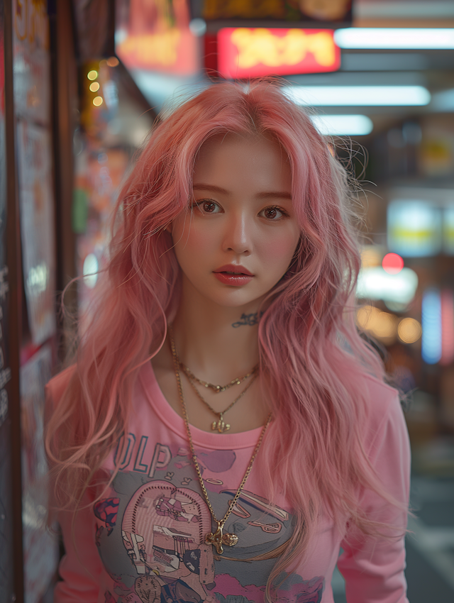 Young Woman with Pastel Pink Hair in Urban Nighttime Setting