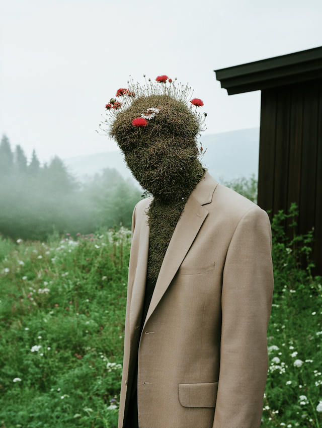 Surreal Human Figure with Grass and Flowers