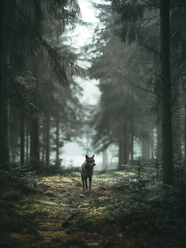 Lone Wolf in Misty Forest