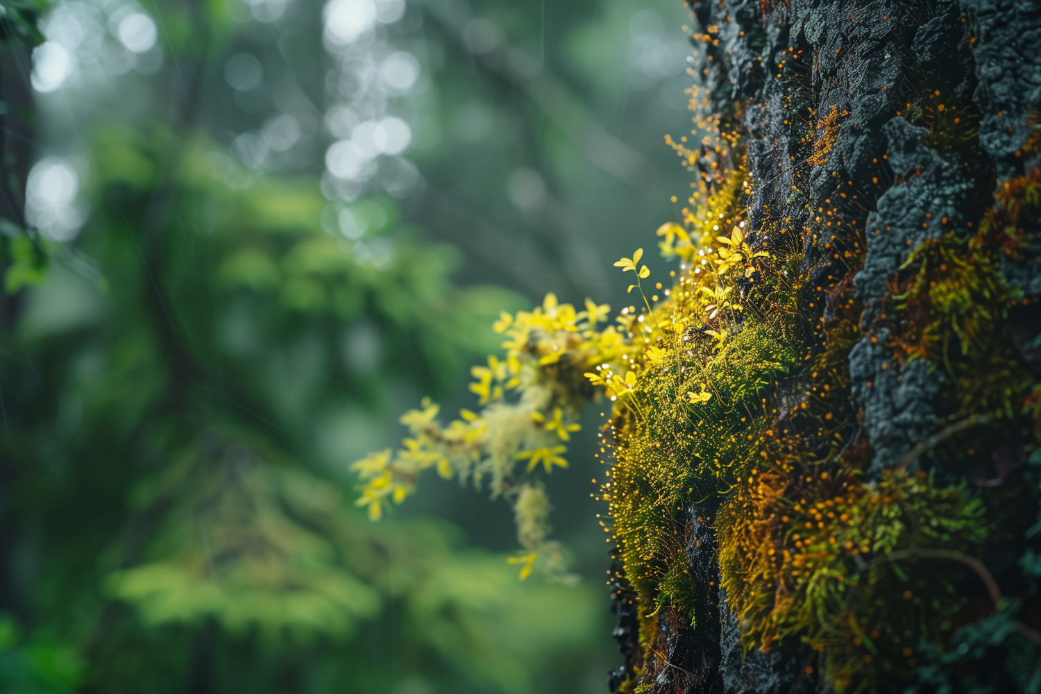 Vibrant Yellow Flowers on Tree Bark in Misty Forest