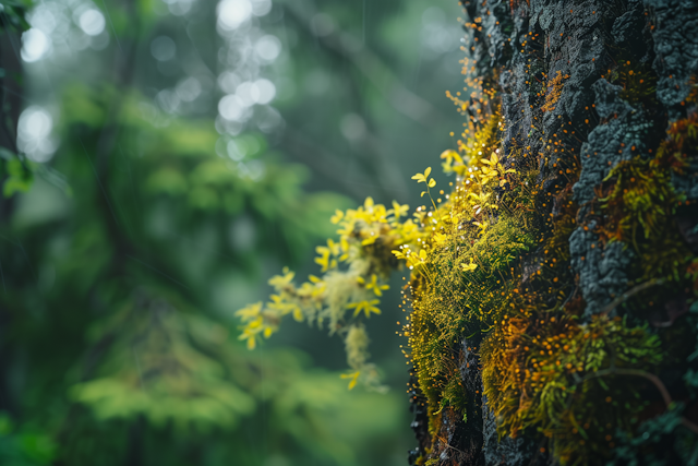 Vibrant Yellow Flowers on Tree Bark in Misty Forest