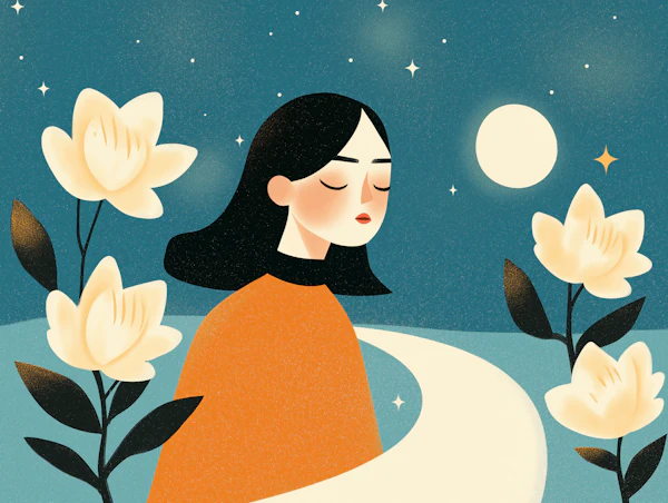 Serene Woman in Nighttime Floral Scene