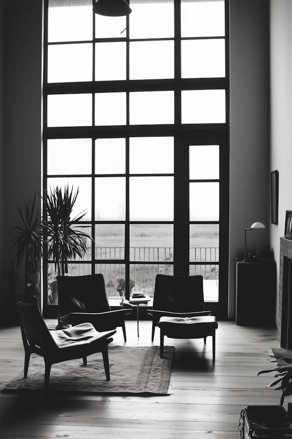 Modern Living Room with Grid-Patterned Window