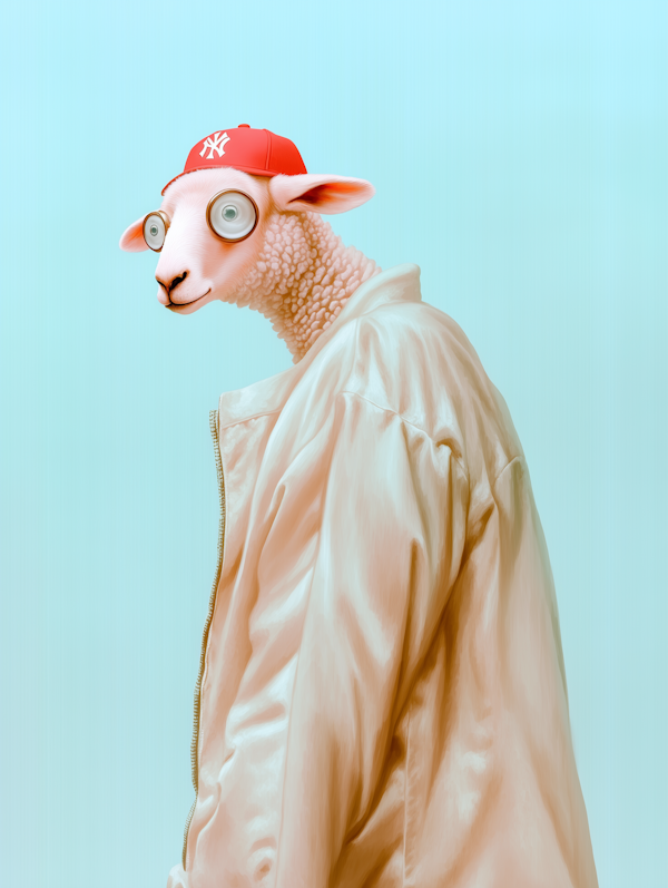 Anthropomorphized Sheep with Red Baseball Cap