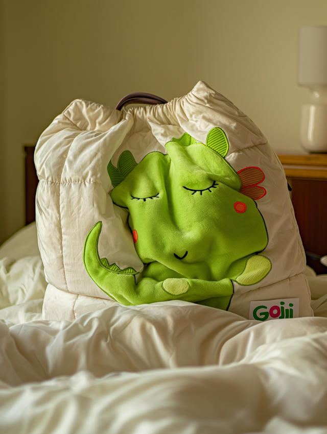 Cozy Green Dragon Plush Toy on Bed