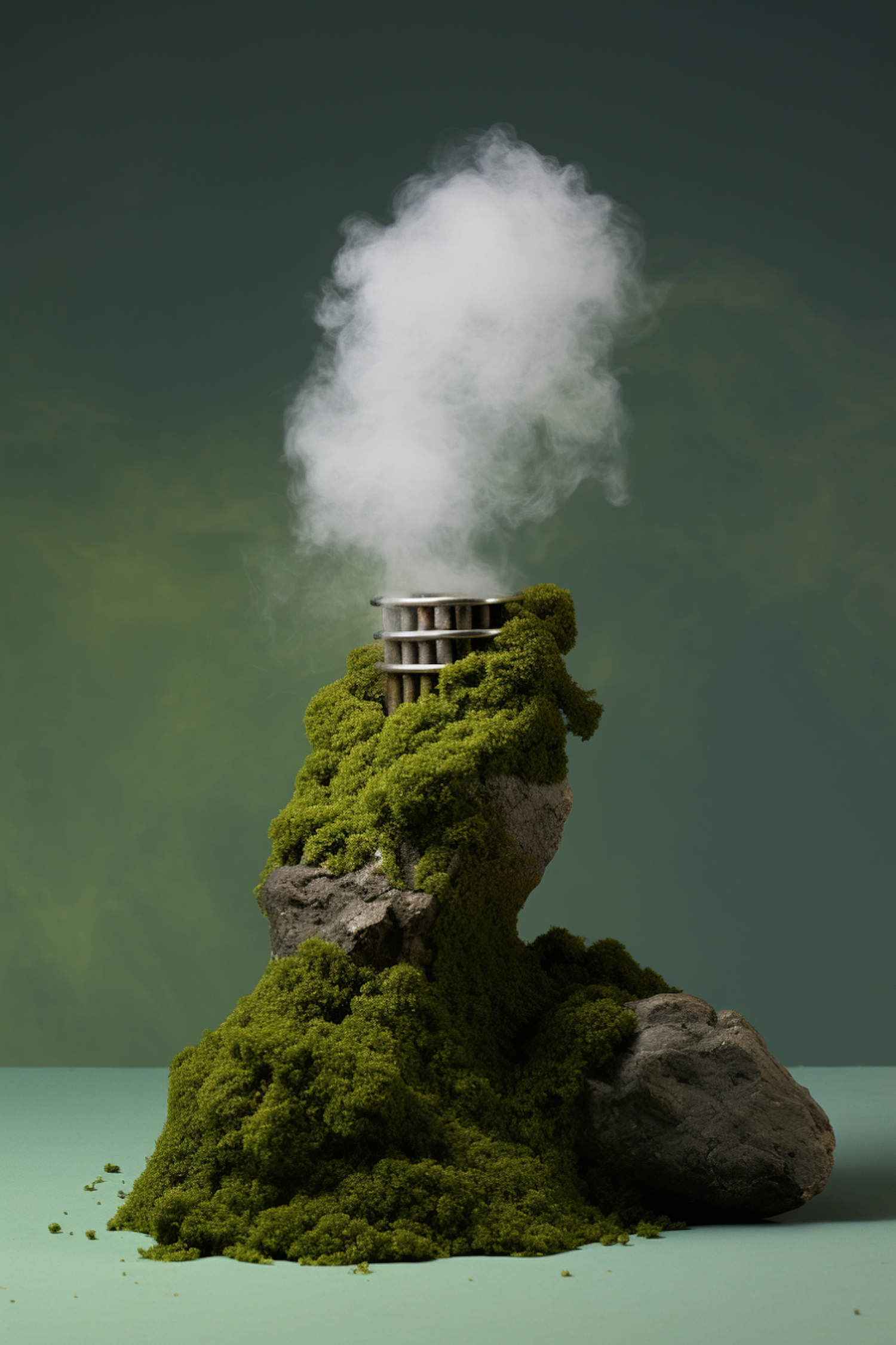 Verdant Miniature Mountain with Industrial Smokestack