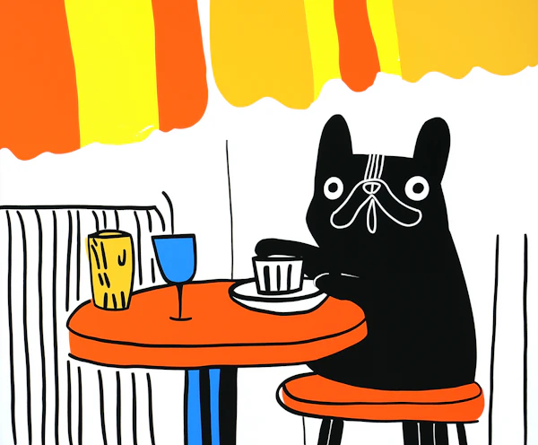 Stylized Black Dog at Table