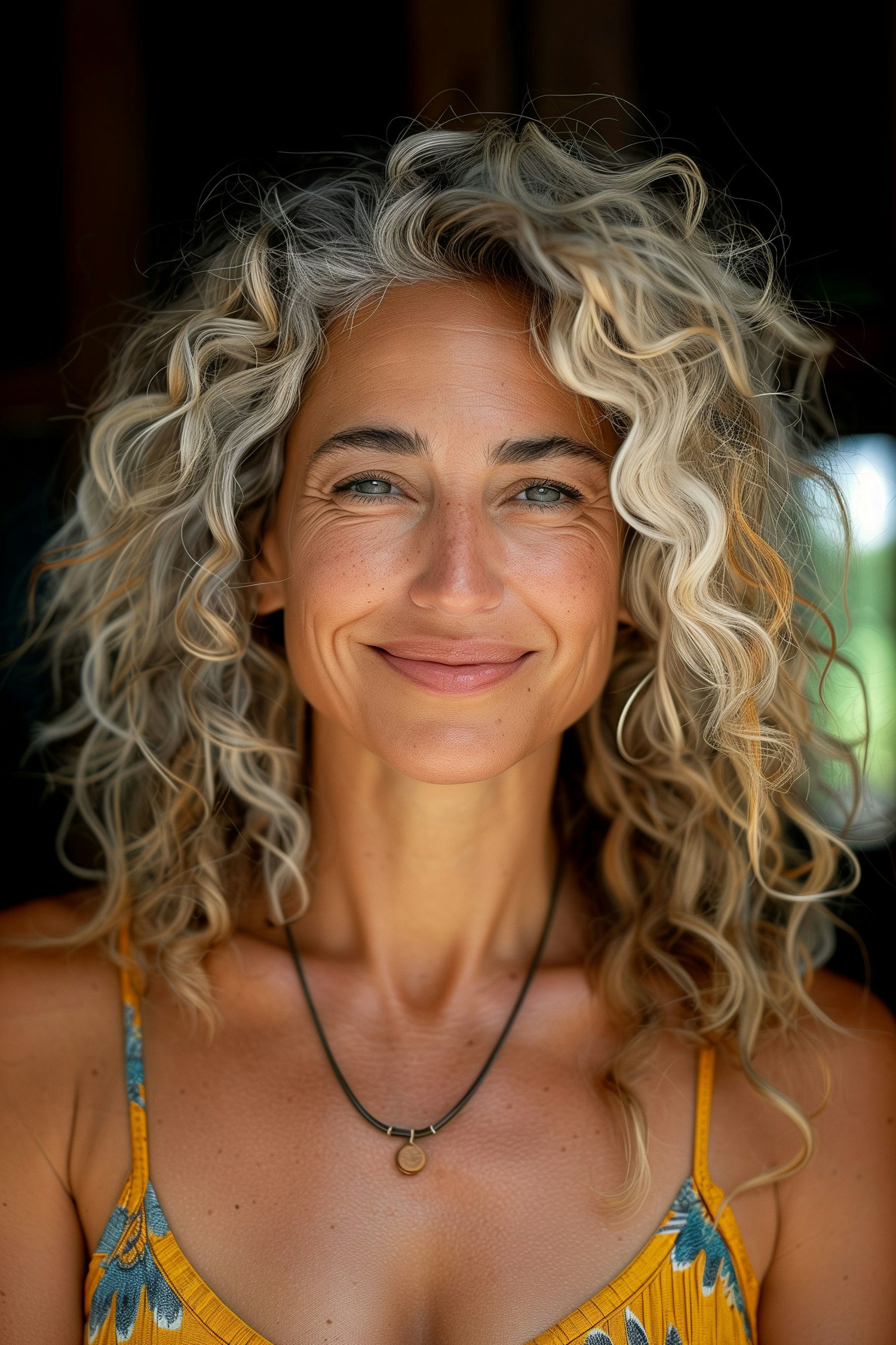 Smiling Woman with Curly Blonde Hair