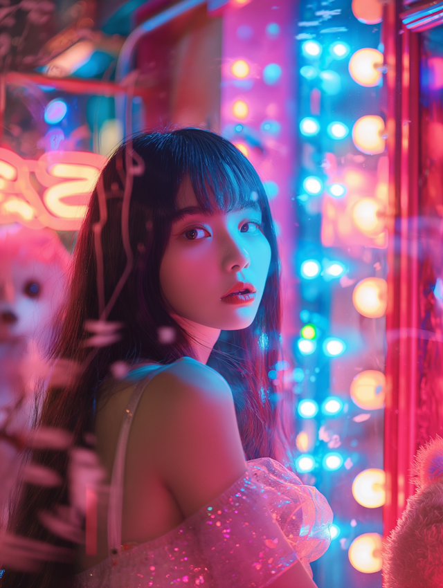 Serene Young Woman in Neon Lights