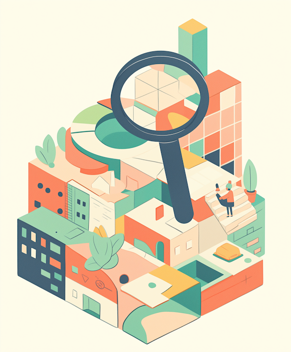 Stylized Cityscape with Magnifying Glass