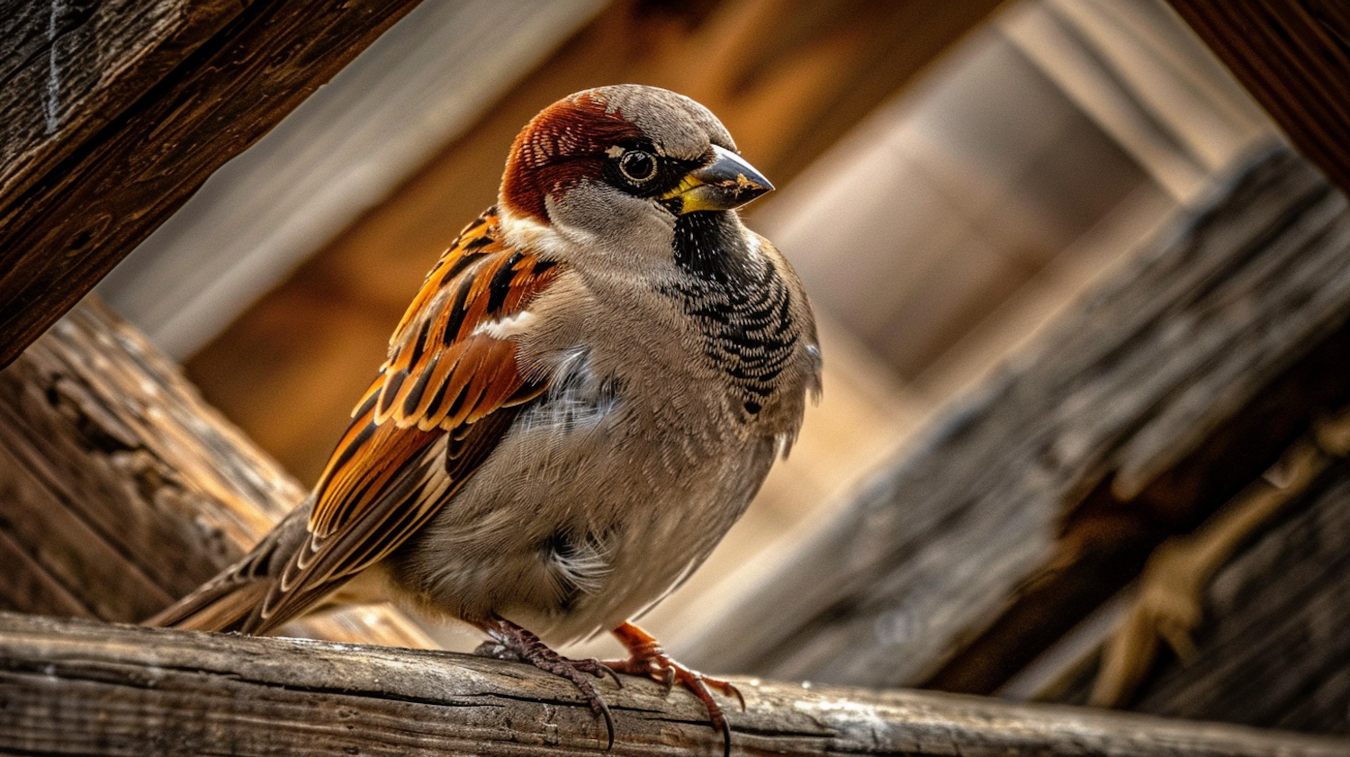 Sparrow on Wooden Beam