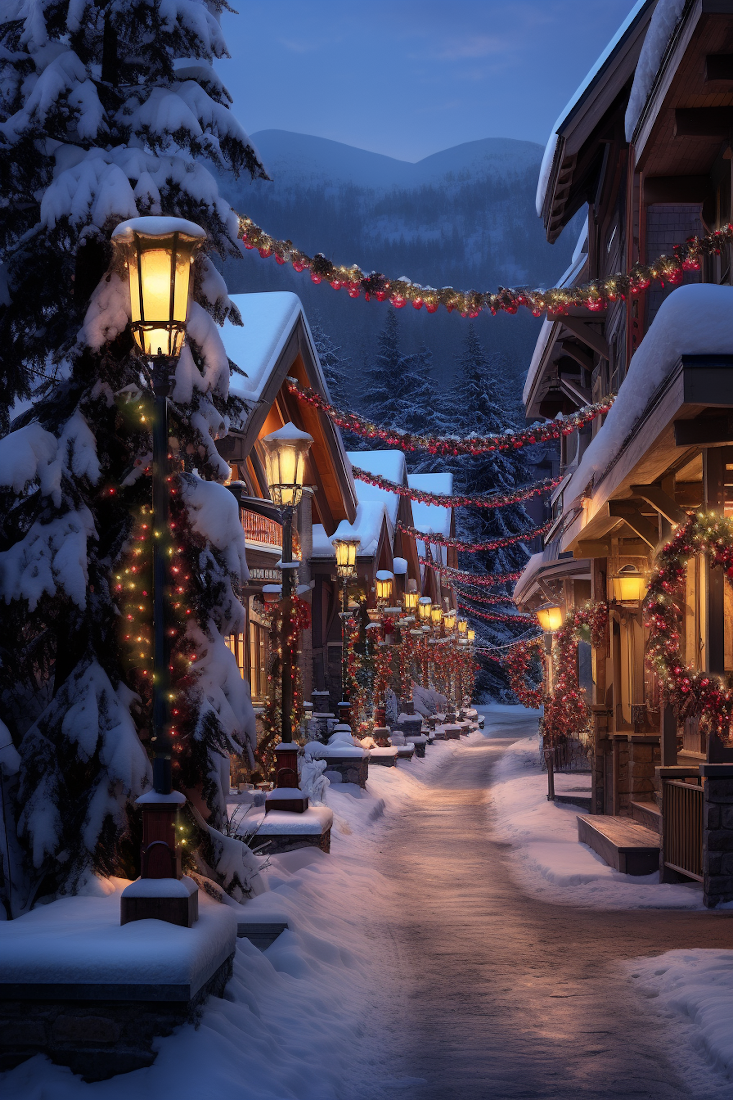 Vintage Lantern-lit Snowy Evening on a Mountain Village Street