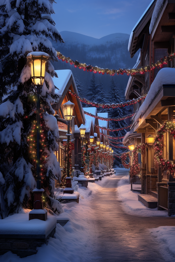 Vintage Lantern-lit Snowy Evening on a Mountain Village Street