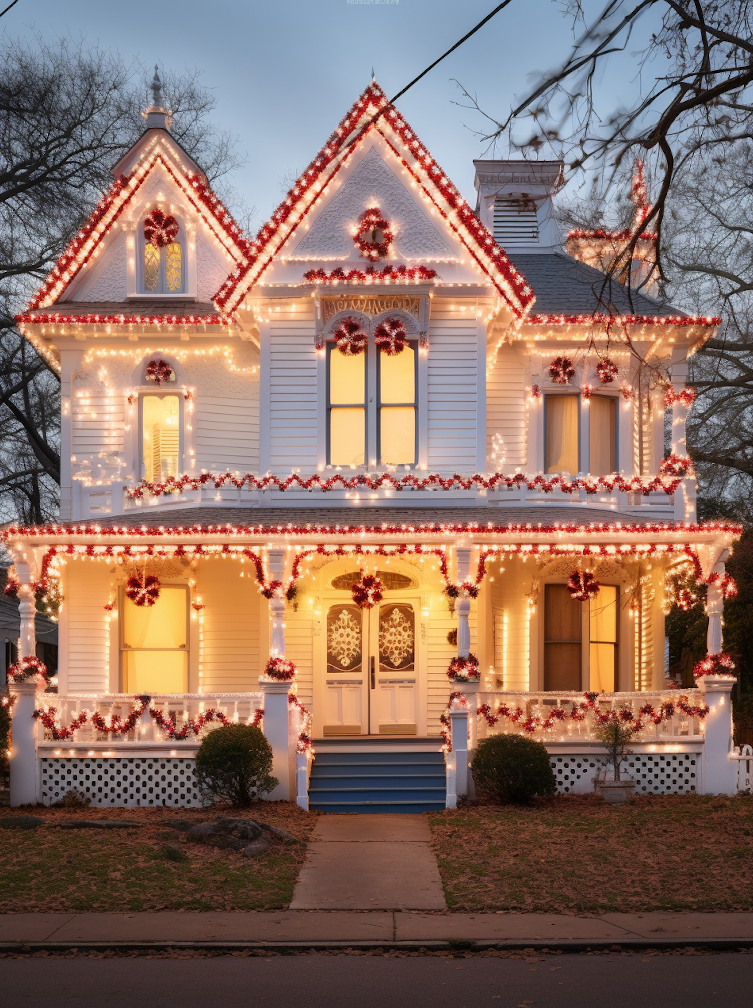 Festive Victorian Holiday Manor at Dusk