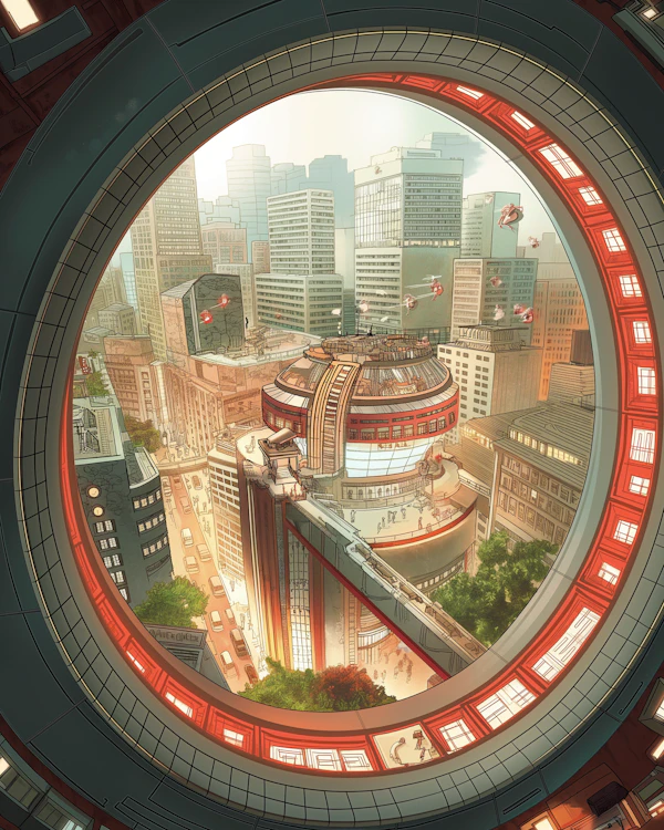 Futuristic Cityscape Through Circular Frame