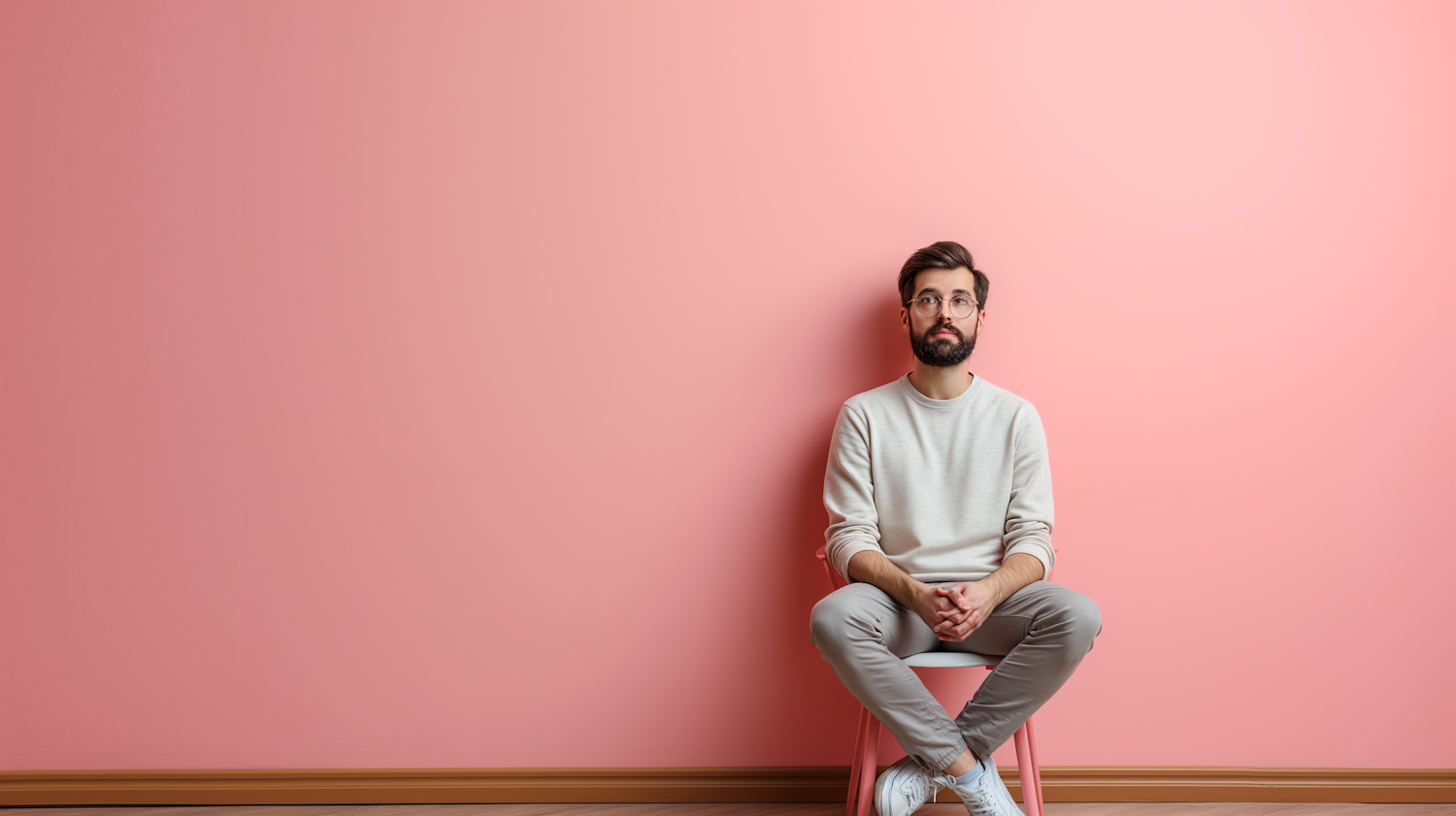 Pensive Man with Beard in Minimalist Pink Setting