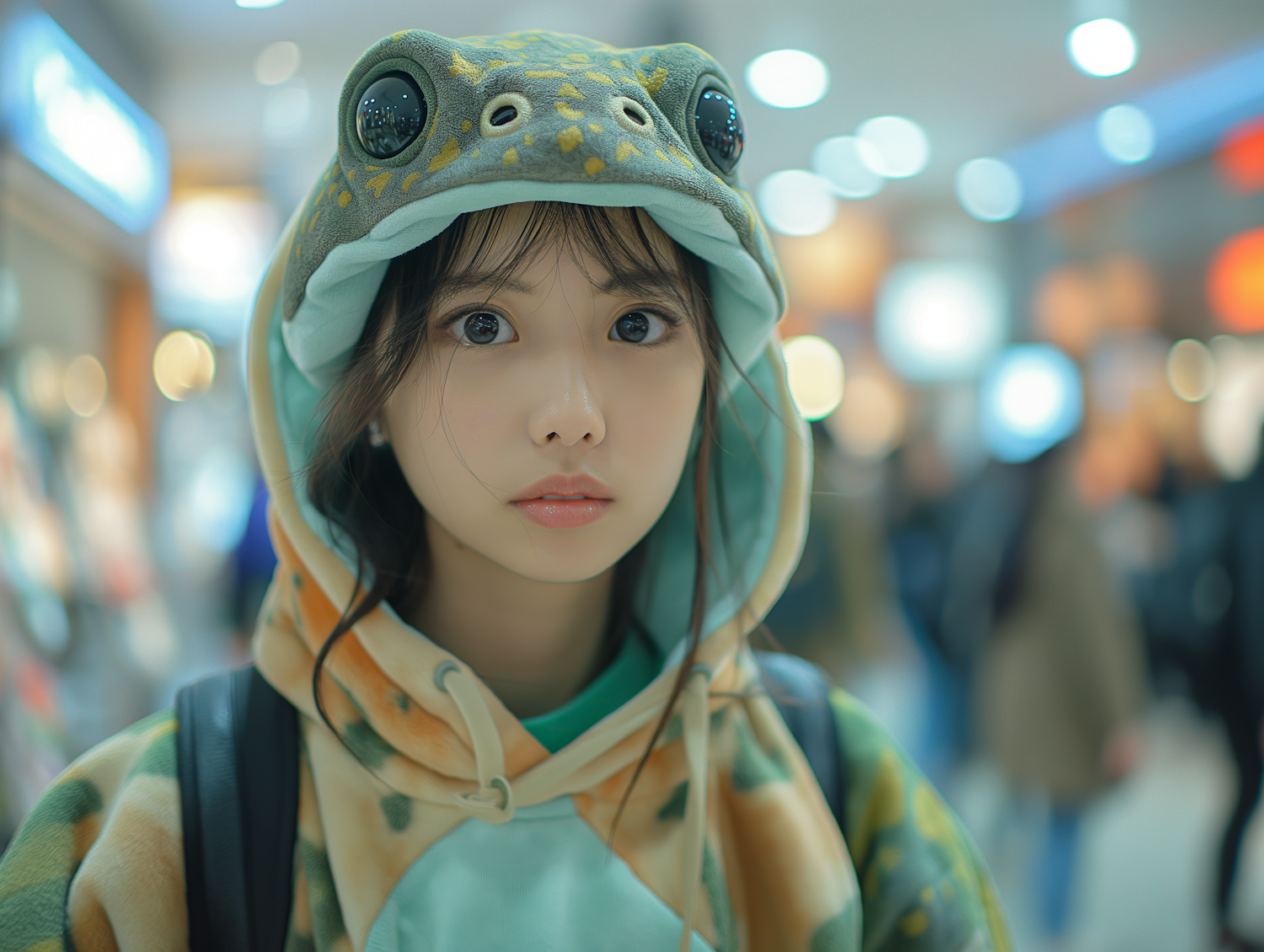 Young Woman in Frog-Themed Hoodie