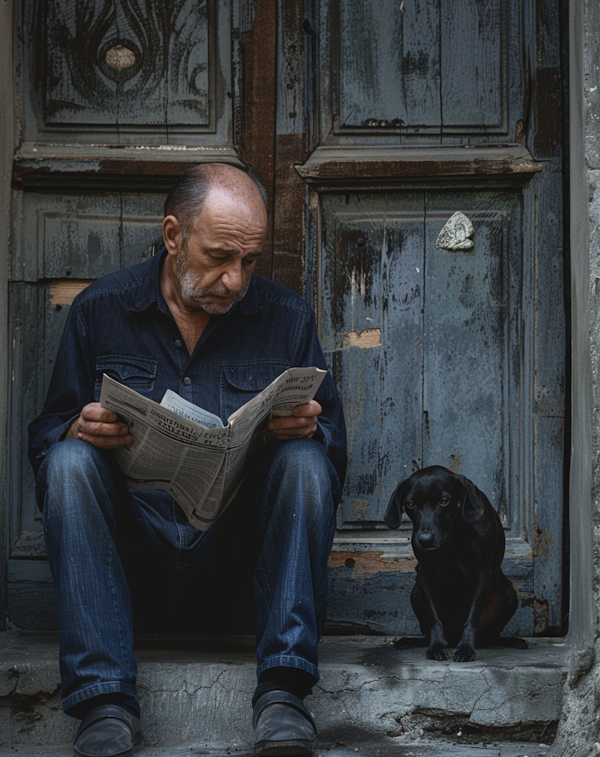 Man Reading Newspaper with Dog