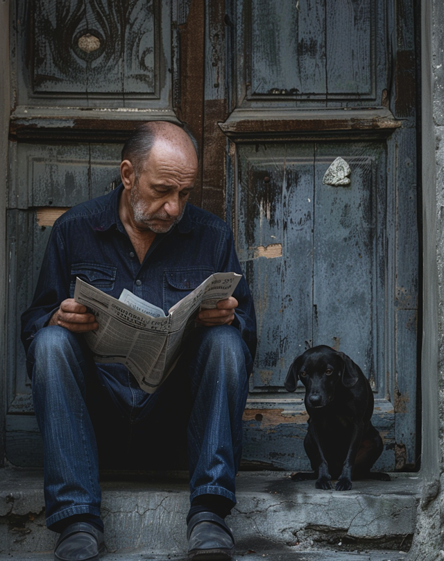 Man Reading Newspaper with Dog