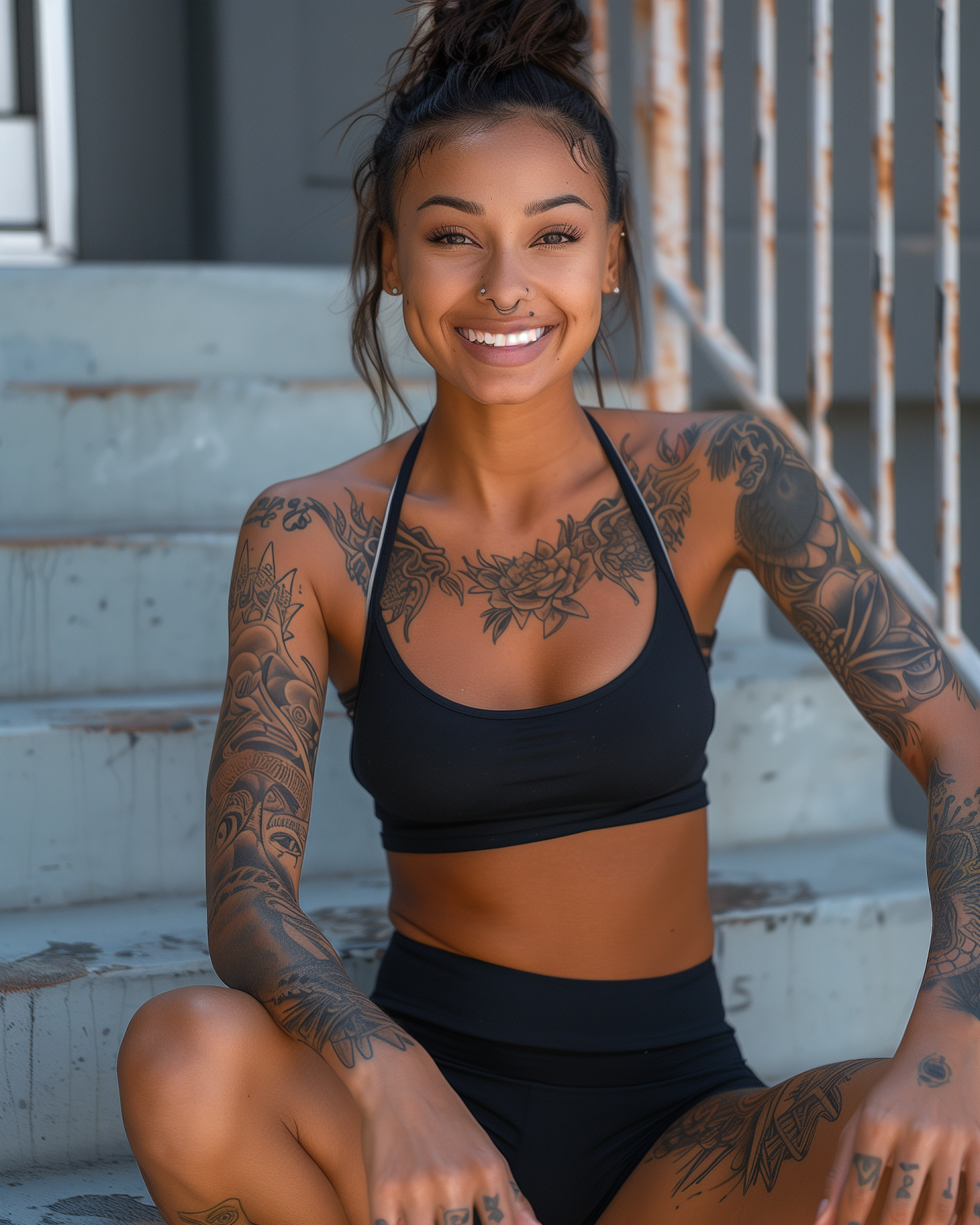 Portrait of a Tattooed Woman on Metal Steps