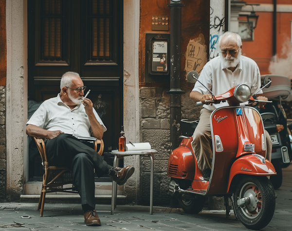 Elderly Friends on a Quaint Urban Street