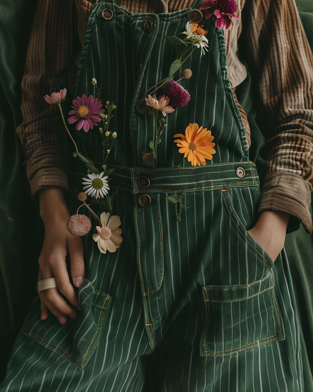 Bohemian Woman with Flower-Adorned Dungaree