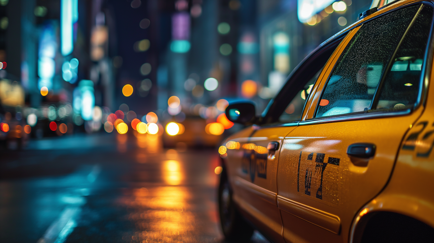 Rain-Kissed Yellow Taxi in Nocturnal Cityscape