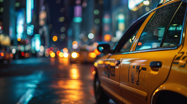 Rain-Kissed Yellow Taxi in Nocturnal Cityscape