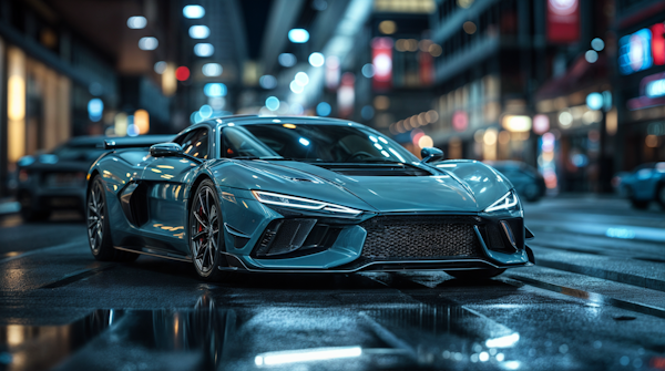 Sleek Teal Sports Car in Urban Night