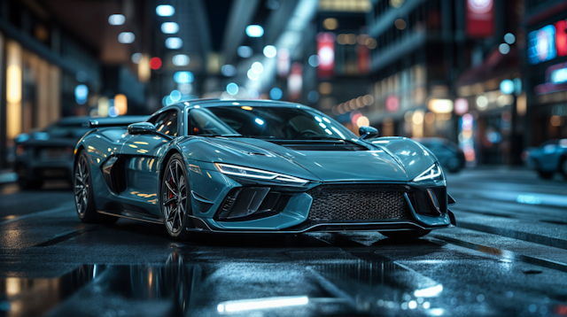 Sleek Teal Sports Car in Urban Night