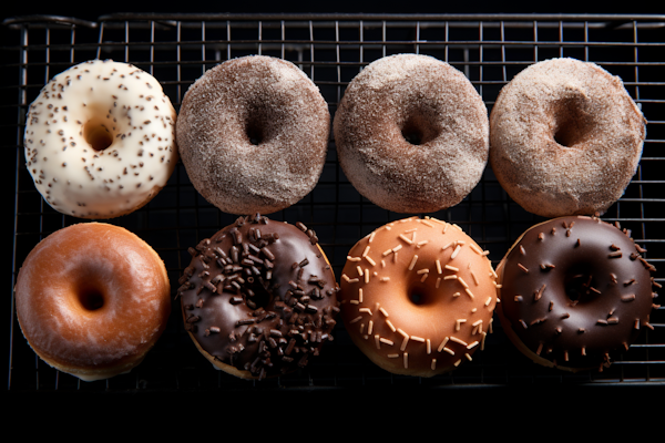 Assorted Freshly Glazed Doughnuts on Cooling Rack