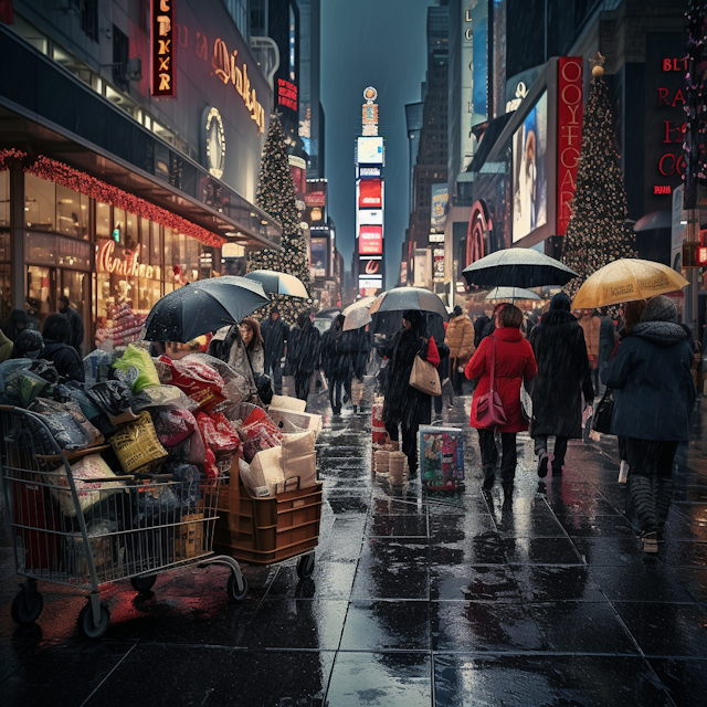 Winter Cityscape with Rain and Umbrellas