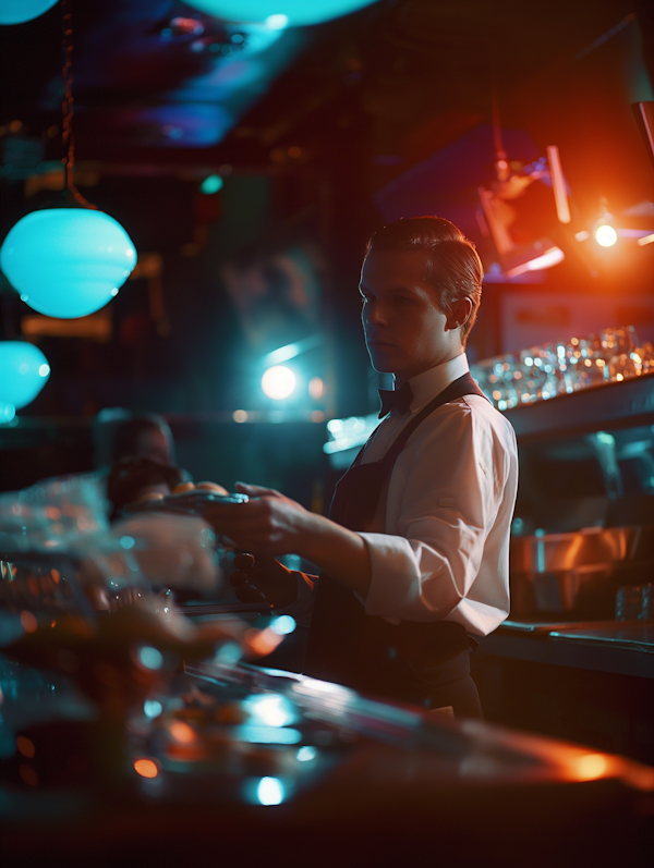 Concentrated Bartender in Dimly Lit Bar