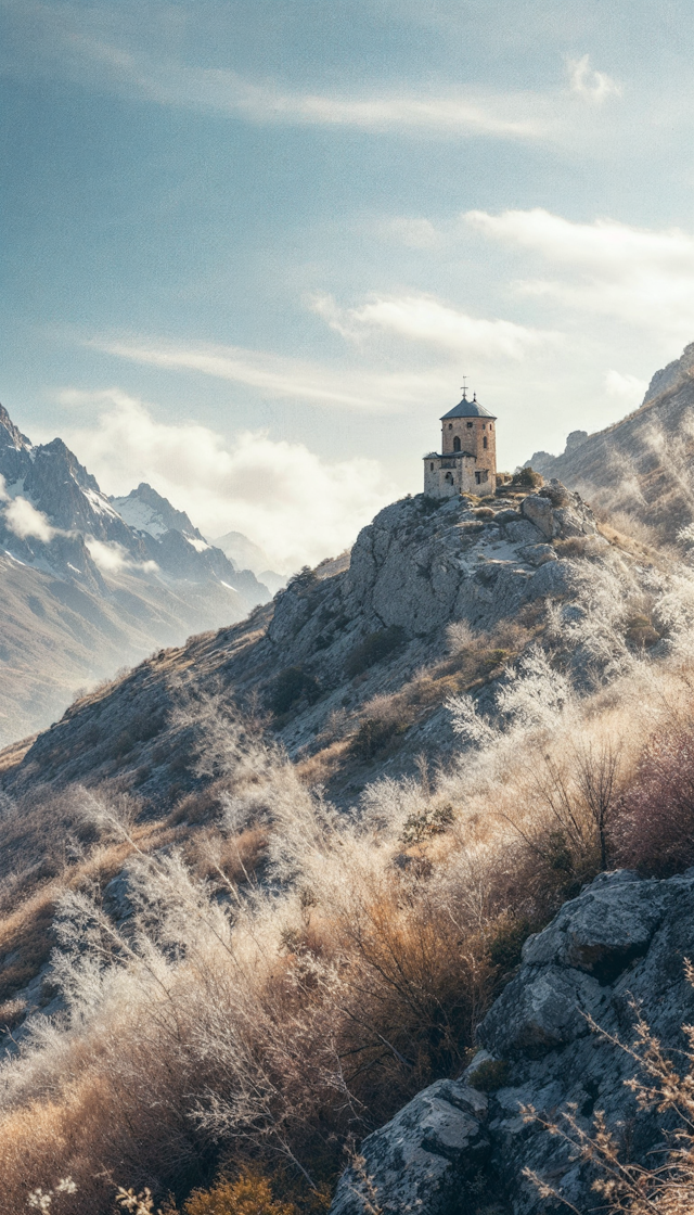 Solitary Stone Building in Mountainous Landscape