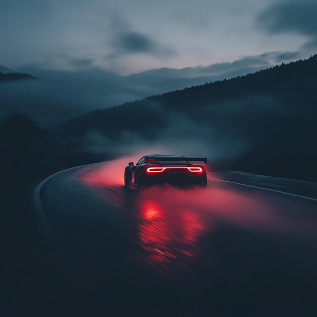 Sleek Sports Car on Winding Road at Night